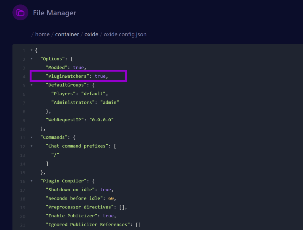 cybrancee panel rust server config with oxide file and pluginwatchers settings outlined