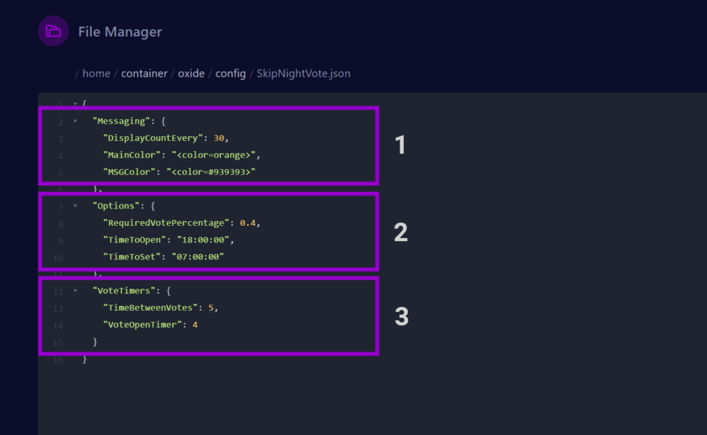 cybrancee panel rust server config with skip night vote settings outlined