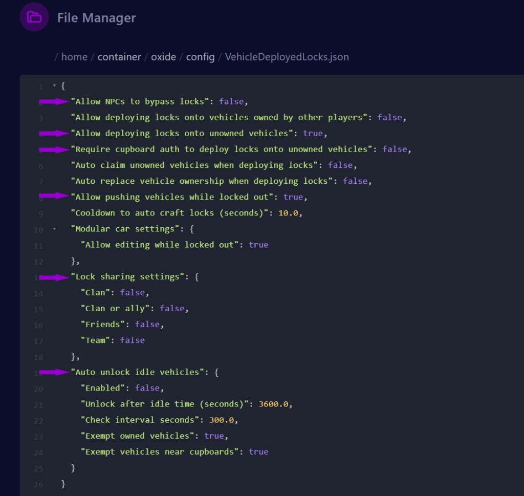 cybrancee panel rust server config with vehicle deployed lock settings outlined