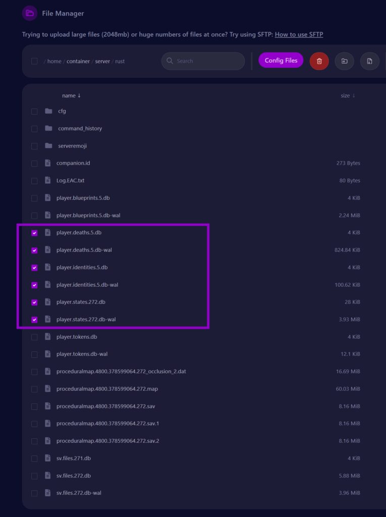 cybrancee panel file tab showing Rust server files with player data files outlined for deletion