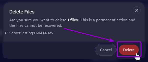 Confirming the deletion of the server settings file in the Files tab in the panel for Satisfactory