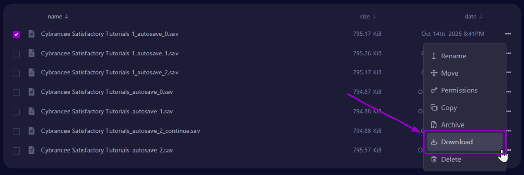 Downloading the selected save file from then panel in Satisfactory