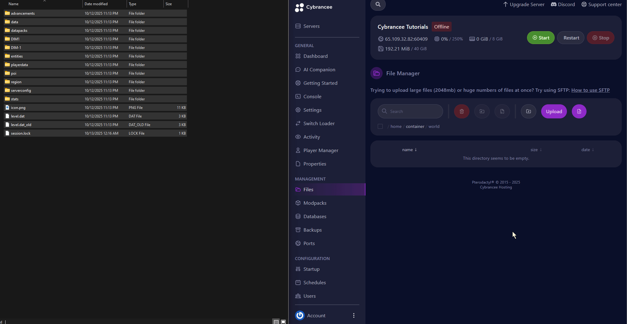 Dragging and dropping singleplayer world files into world folder in the server files.