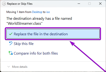 File replacement confirmation pop-up window