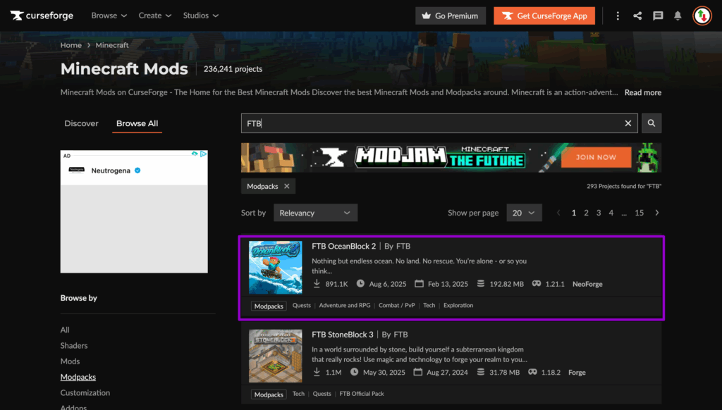 Feed the beast Curseforge listing