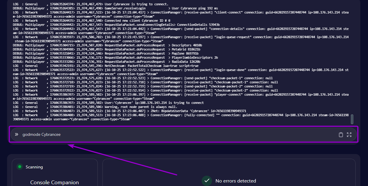 enter the godmode command in the cybrancee dashboard console.