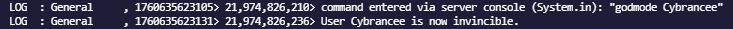 console result of entering the godmode command