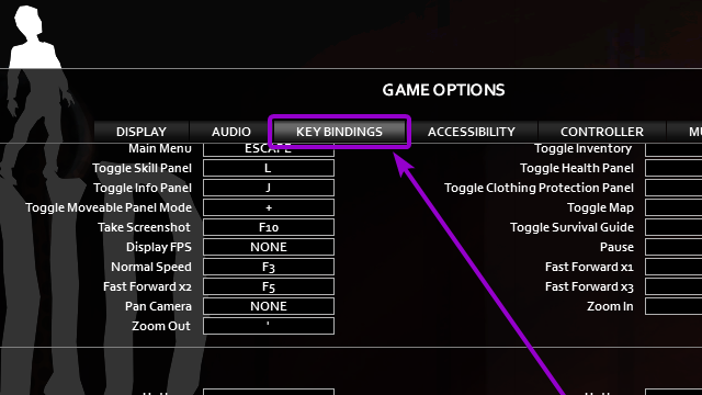 key bindings section project zomboid game options outlined with arrow