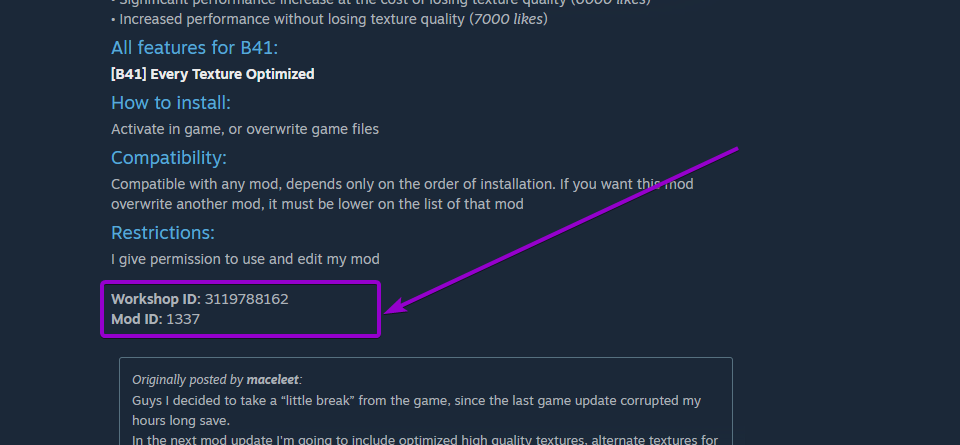 mod id and workshop id values ​​outlined with arrow