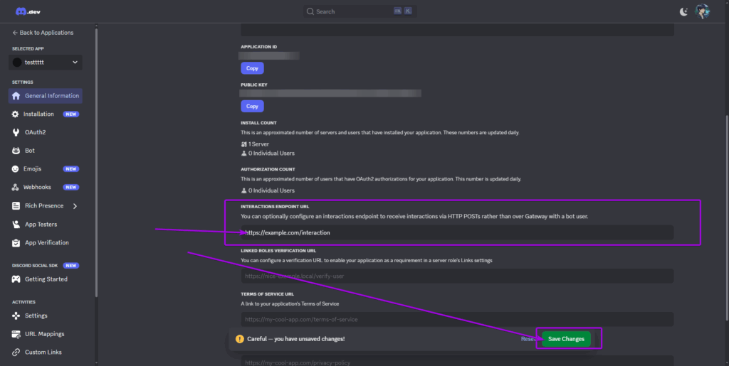 Discord Developer Portal, in the GENERAL tab of an application. PUBLIC KEY and SAVE CHANGES are highlighted