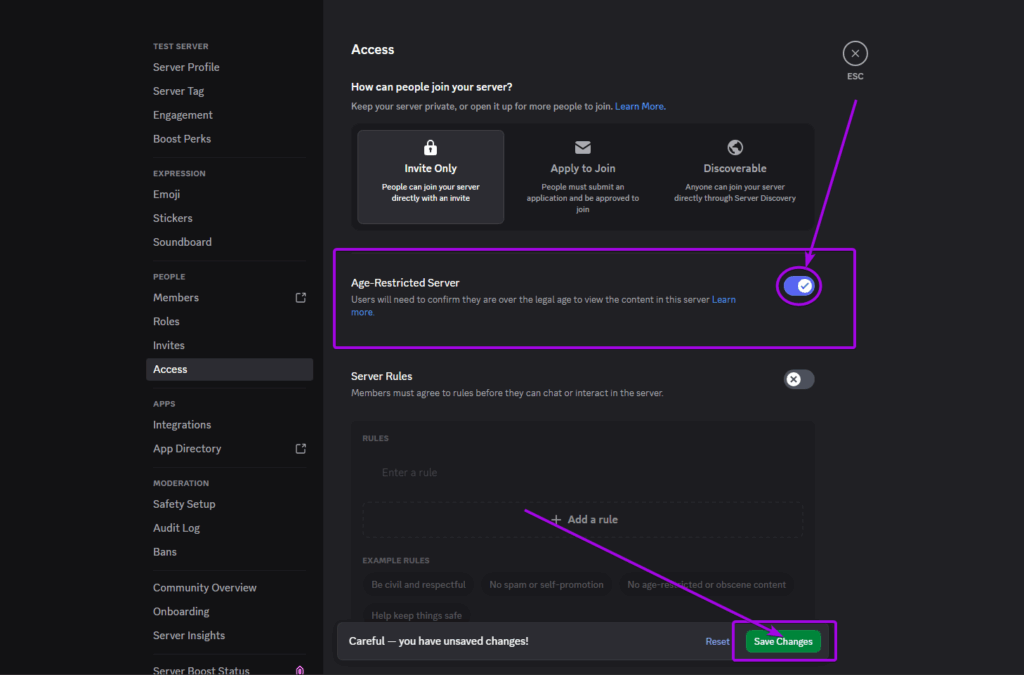 Discord screenshot, server settings at access page. Age-Restricted server is highlighted. Save Changes is highlighted