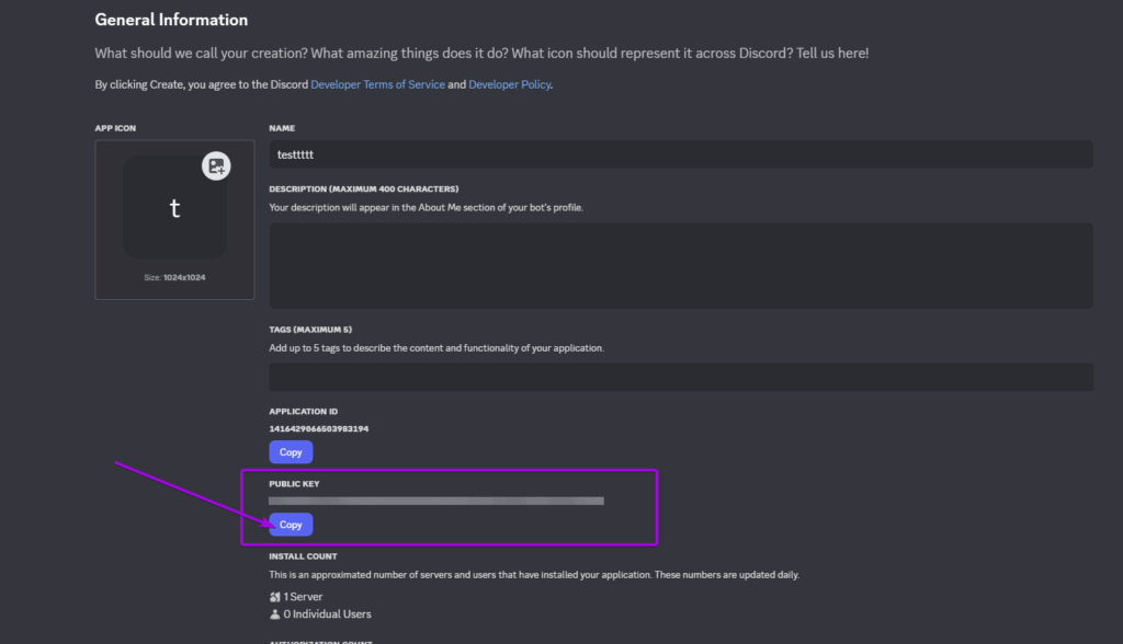 Discord Developer Portal, PUBLIC KEY is highlighted