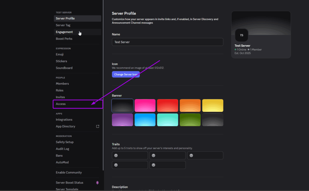 Discord Screenshot, in server settings. The Access tab is highlighted