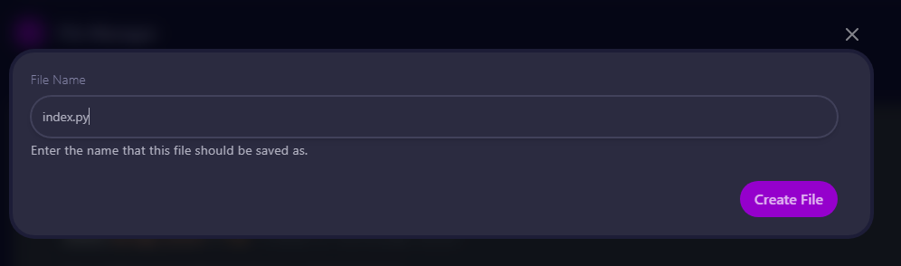 Pterodactyl Panel, Create File dialog. Enter File Name (index.py)