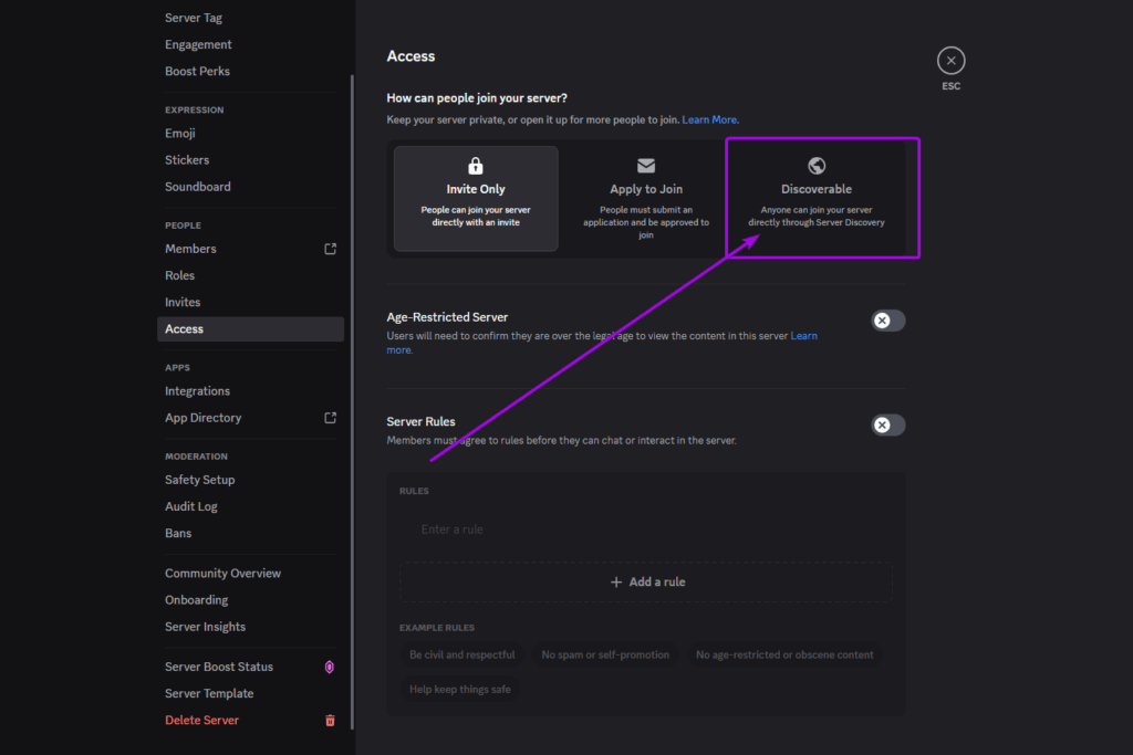 Discord screenshot, server settings at access page. Discoverable is highlighted