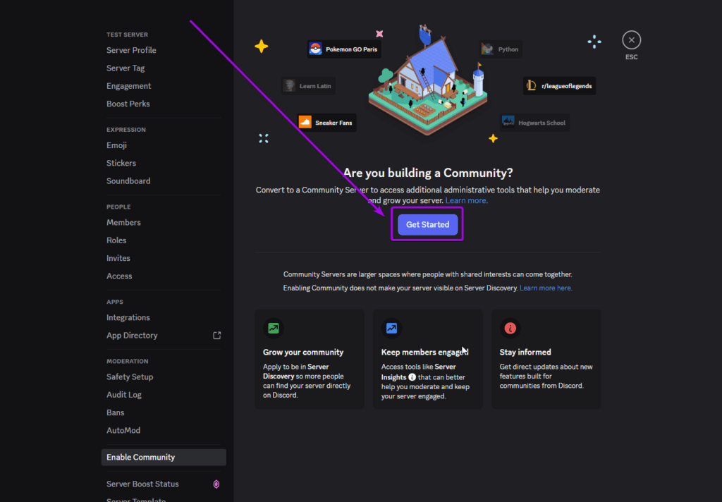 Discord screenshot, in community page. The Get Started button is highlighted
