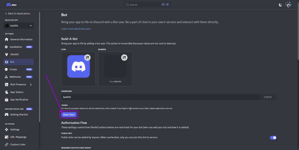 Discord Developer Portal, on the 'Bot' page. The 'Reset Token' button was highlighted