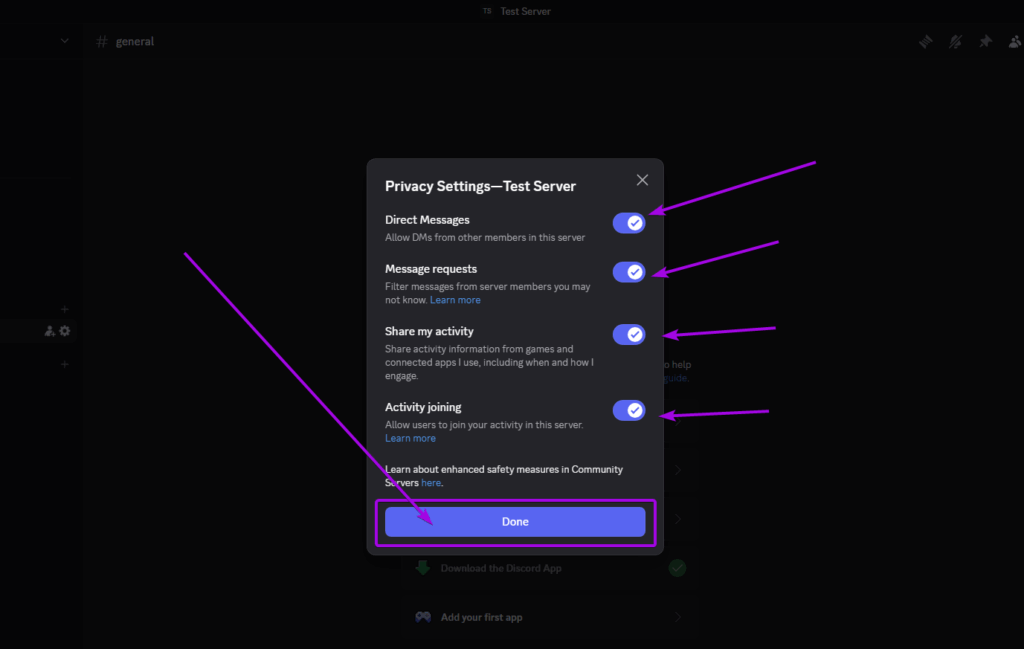 Discord screenshot, privacy settings prompt