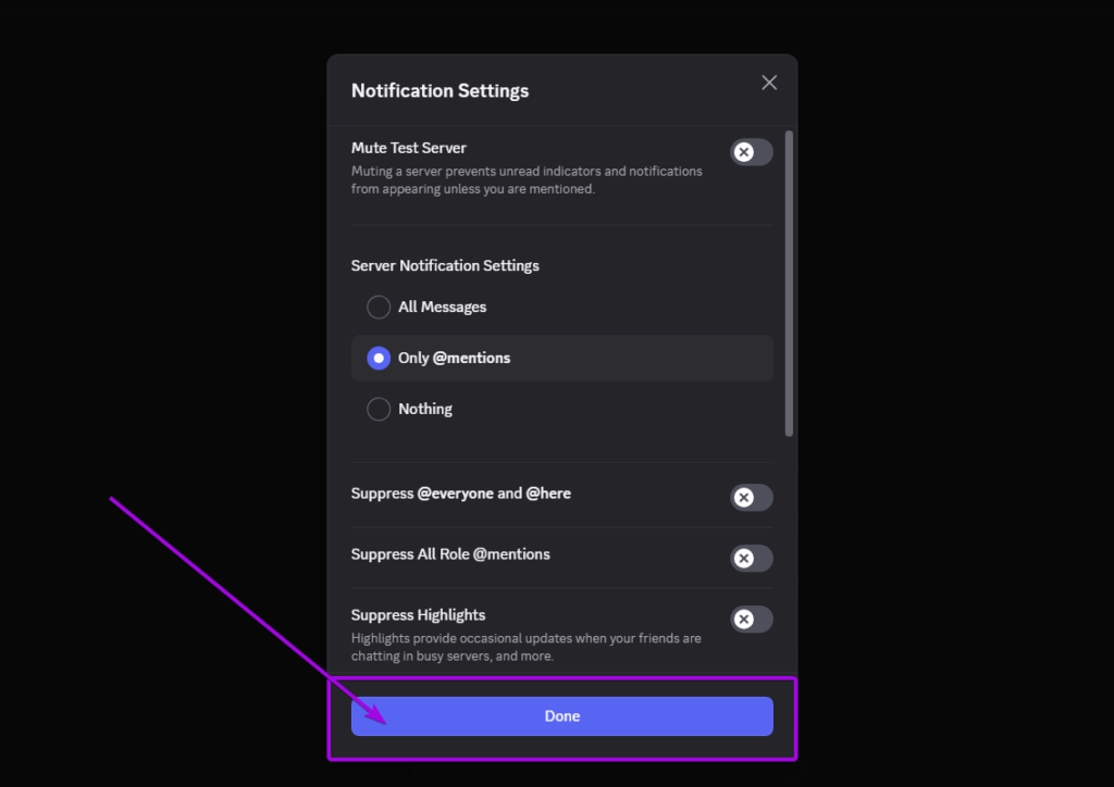 Discord screenshot, notification settings prompt. Done button highlighted