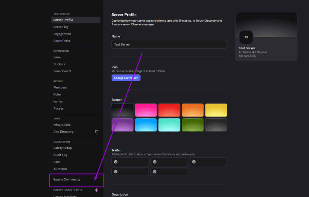 Discord Screenshot, in server settings. The Community tab is highlighted