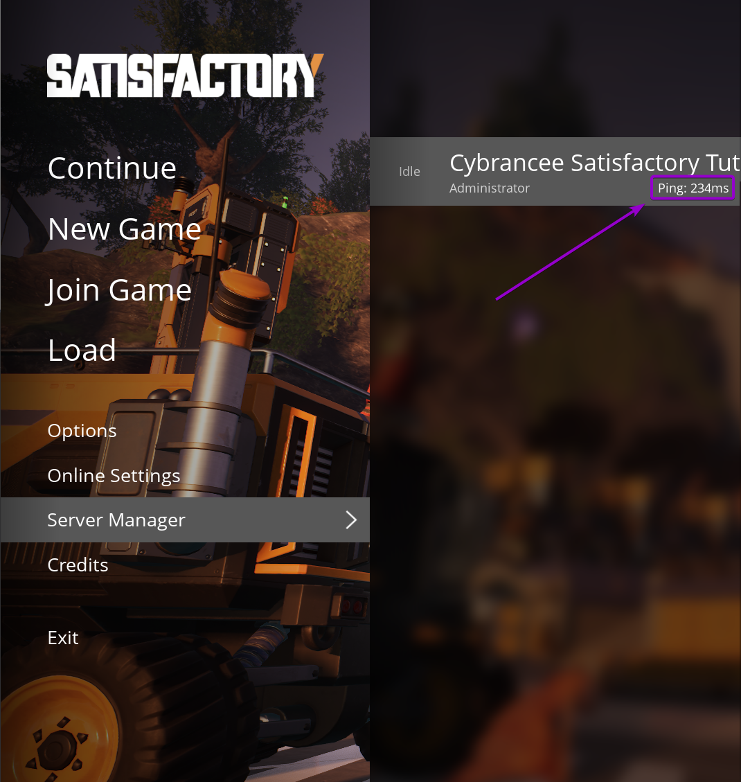 Viewing the server ping in the Server Manager list in Satisfactory