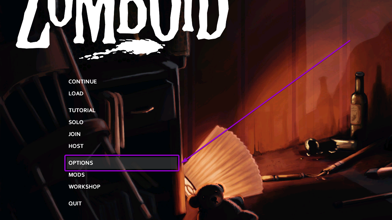 project zomboid menu options outlined with arrow