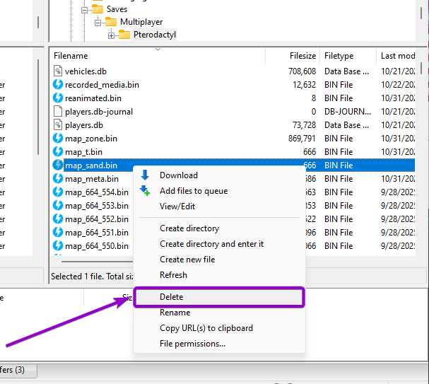 steps to delete the sand_map.bin file via sftp