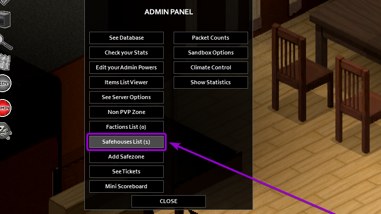 safehouses list option outlined with arrow