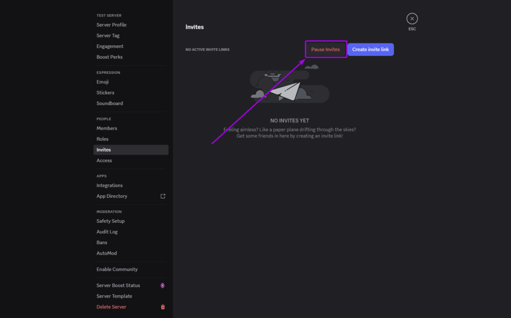 Discord Server Settings, Pause Invites Button highlighted
