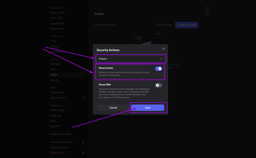 Discord Server settings, Pause Invites dialog. Hours and Pause Invites fields are highlighted