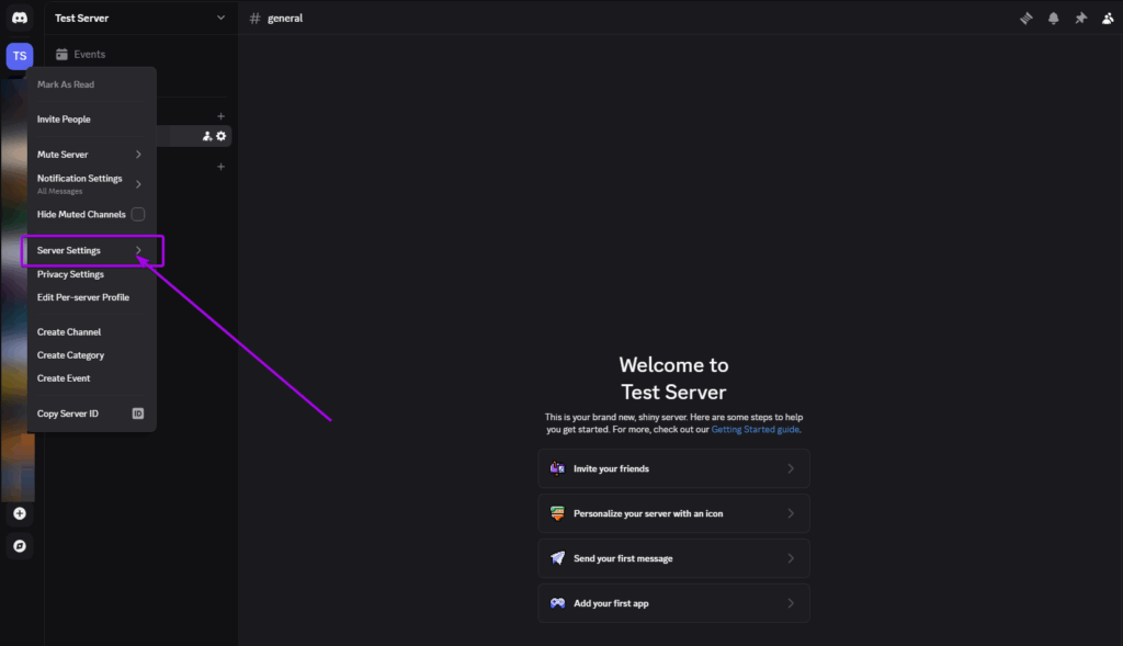 Discord Guide Dropdown, Server Settings highlighted