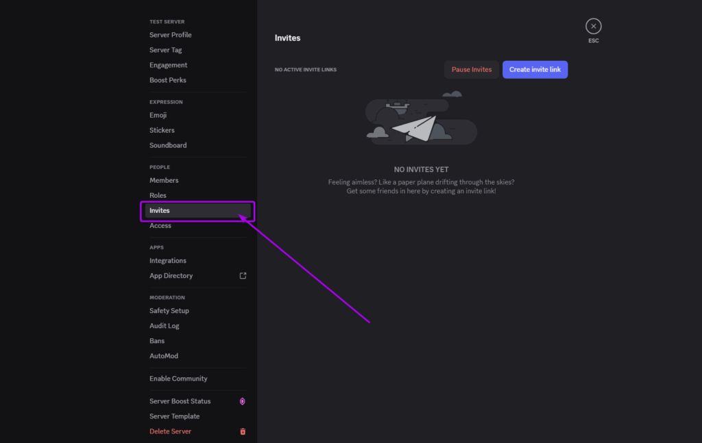 Discord Server Settings, Invites tab highlighted