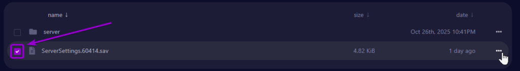Selecting the server settings file in the Files tab in the panel for Satisfactory