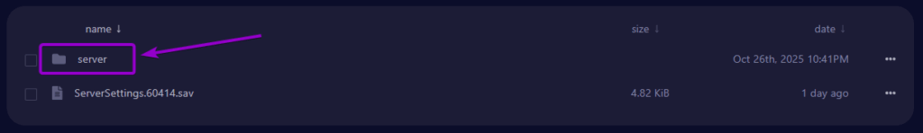 Selecting the server folder in the Files tab for Satisfactory
