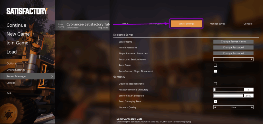 Selecting the Server Settings tab after selecting the server