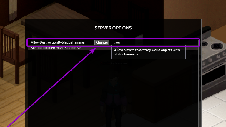 allowdestructionbysledgehammer change button outlined with arrow