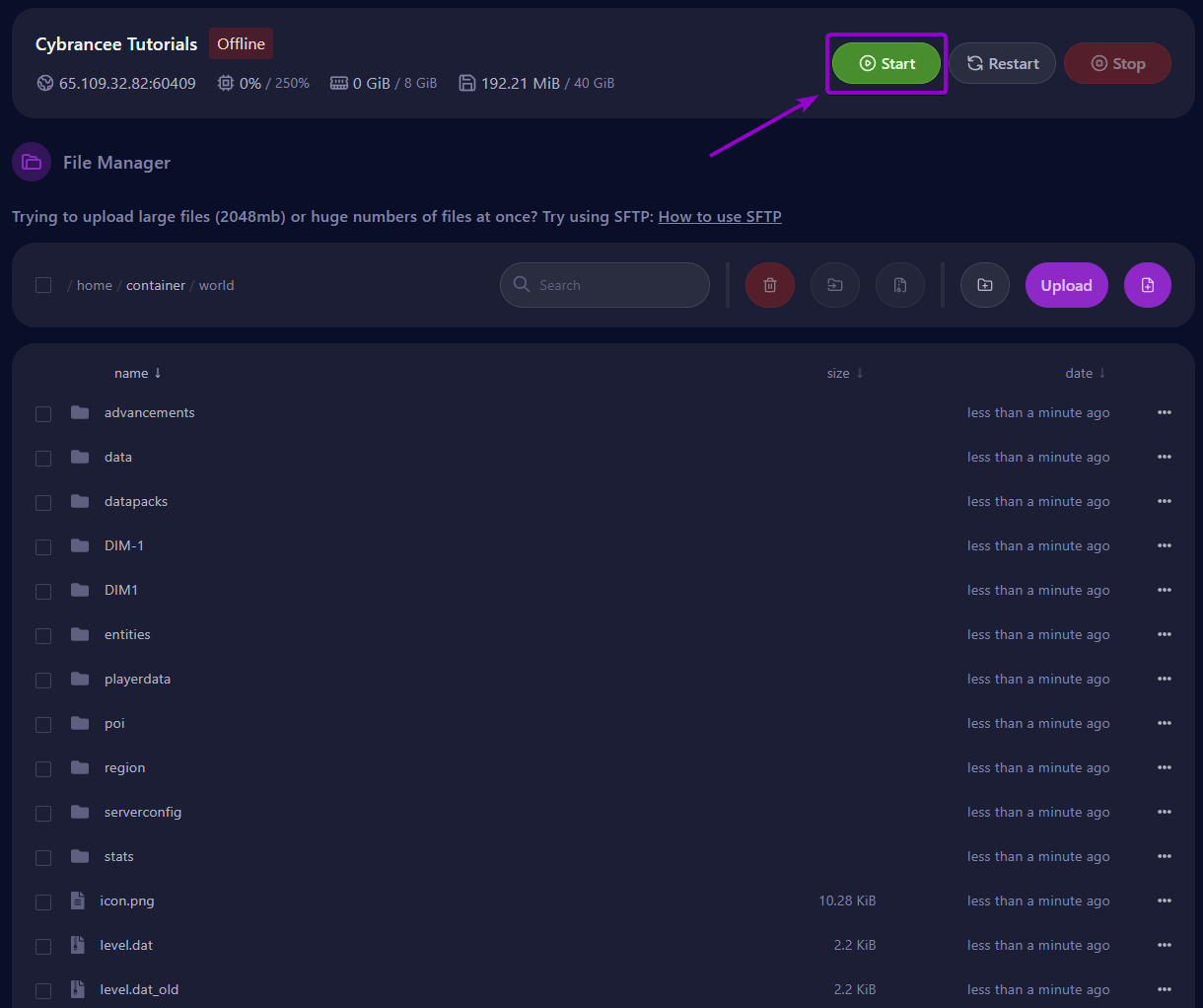 Starting the server back up