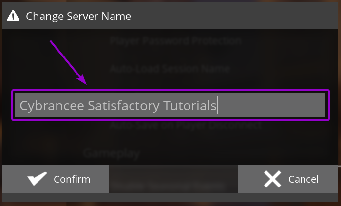 Changing the server name in the Server Settings tab in Satisfactory