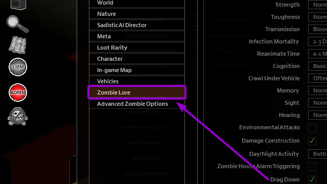 zombie lore option outlined with arrow
