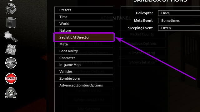 sandbox options sadisticai tab outlined with arrow