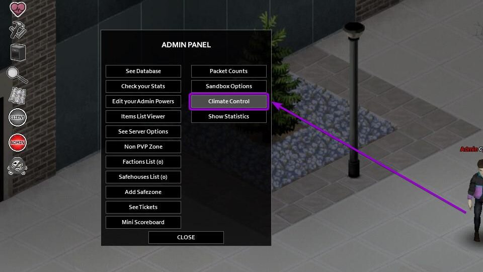 Admin Panel 'Climate Control' button outlined with arrow