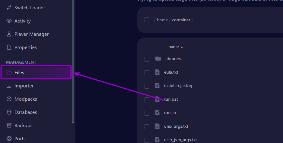 Cybrance panel 'Files' Tab outlined with arrow