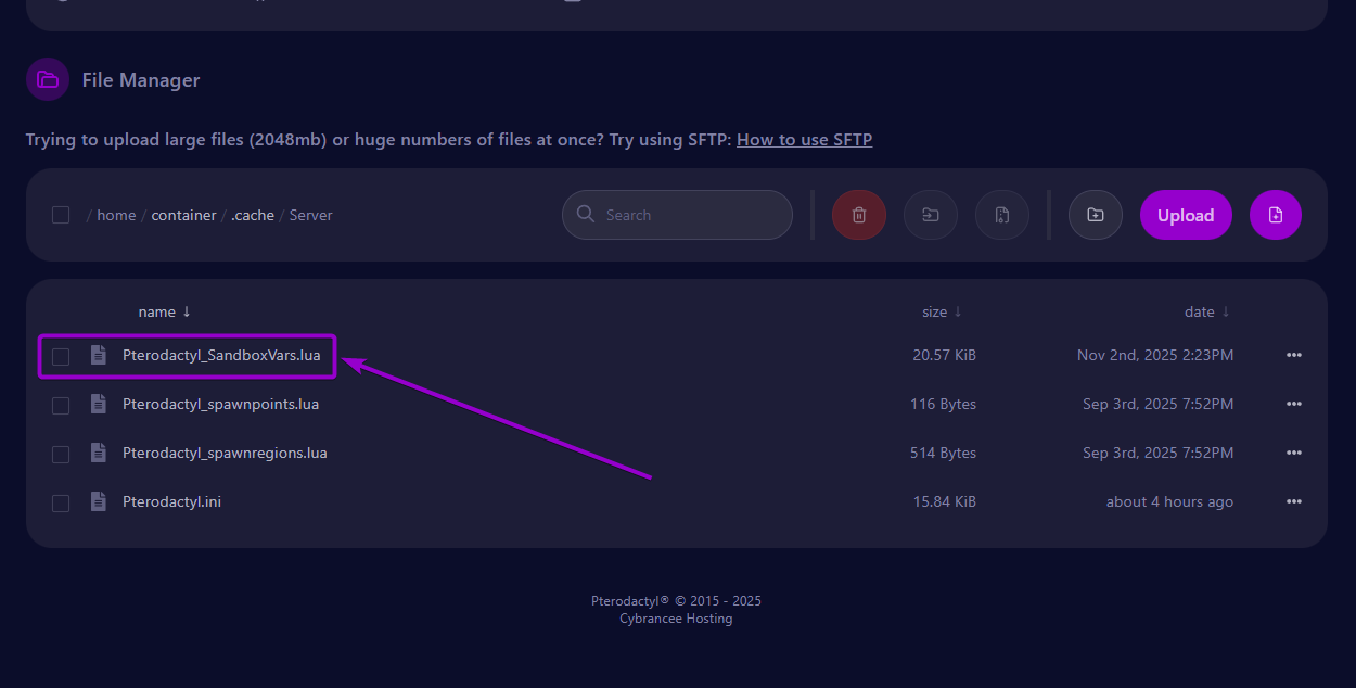 Cybrancee Panel Files Tab Pterodactyl_SandboxVars file Project Zomboid Server outlined with arrow