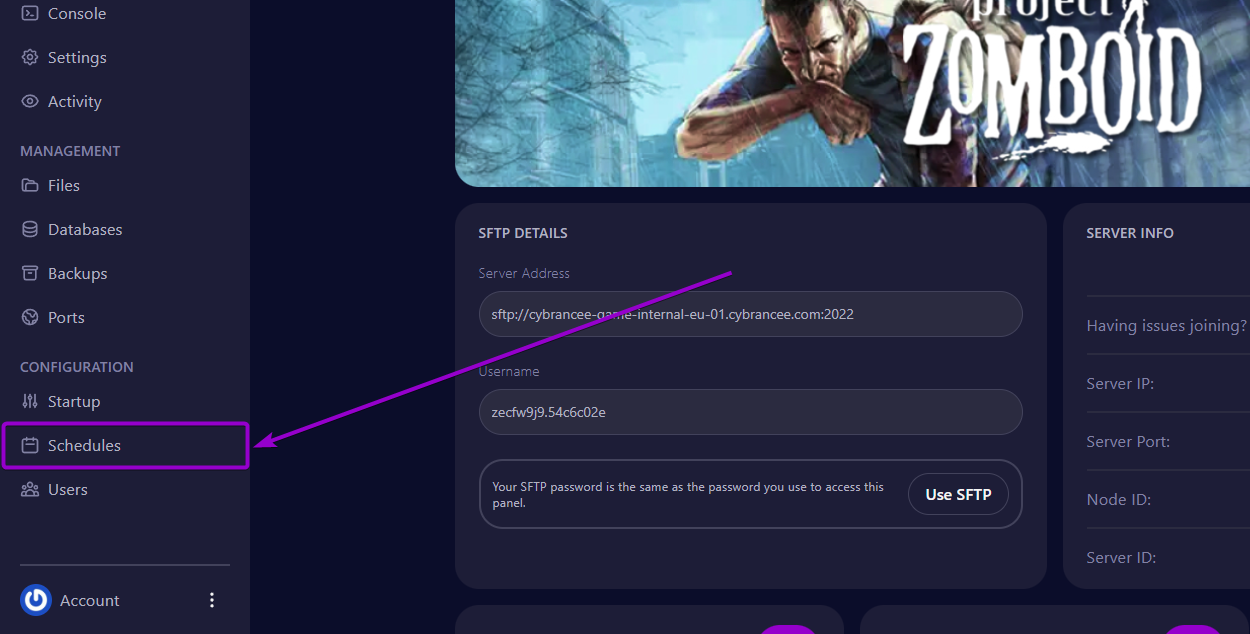 Cybrancee Panel Schedules Tab Project Zomboid Server outlined with arrow