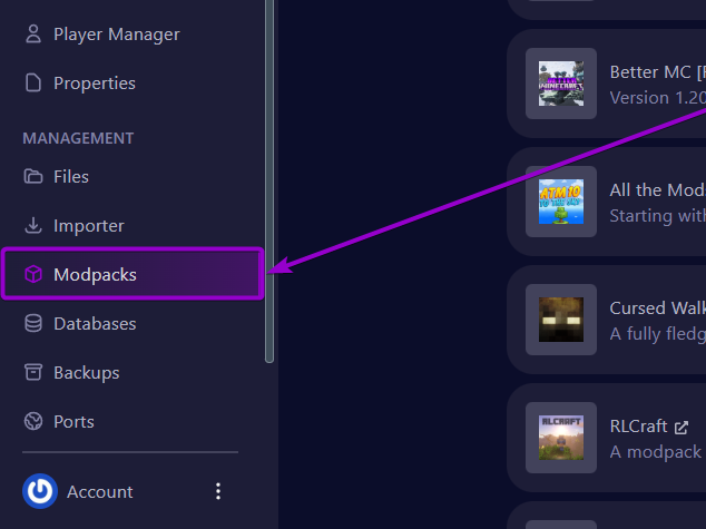 Cybrancee panel 'Modpacks' tab outlined with an arrow