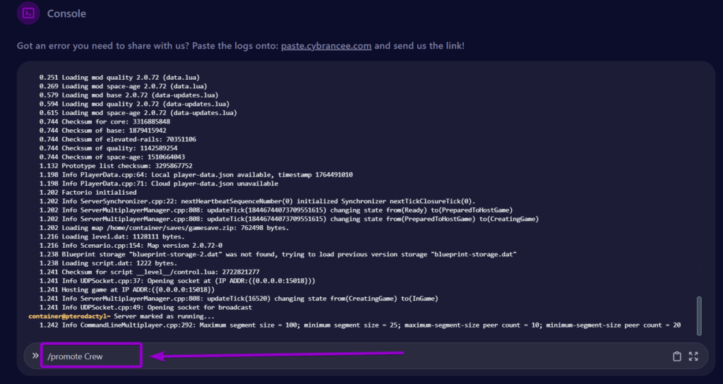 Cybrancee Factorio Server Console Promote Command Outlined