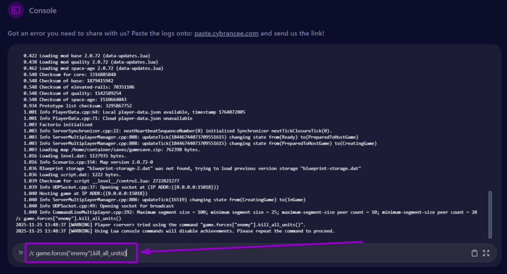 Cybrancee Factorio Server Console Tab Difficulty Command Outlined