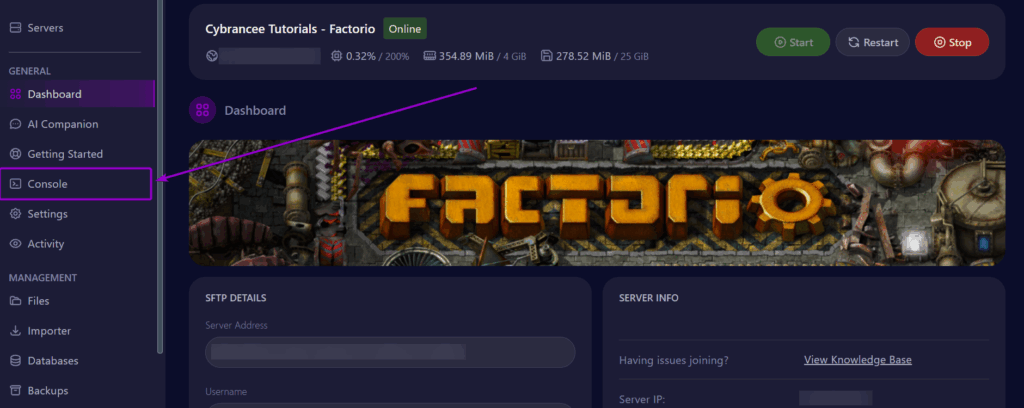 Cybrancee Factorio Server Console Tab Outlined