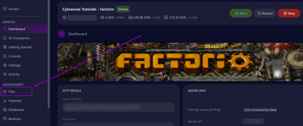 Cybrancee Factorio Server Files Tab Outlined