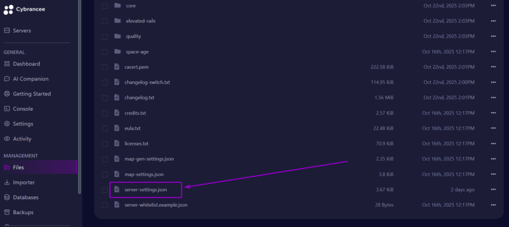 Cybrancee Factorio Server Files Tab Server Settings Outlined